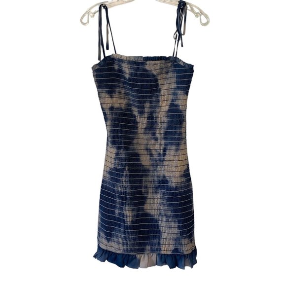 STORIA Blue + Gray Tie-Dye Smocked Sleeveless Tie Strap Mini-Length Dress Medium - Picture 1 of 7